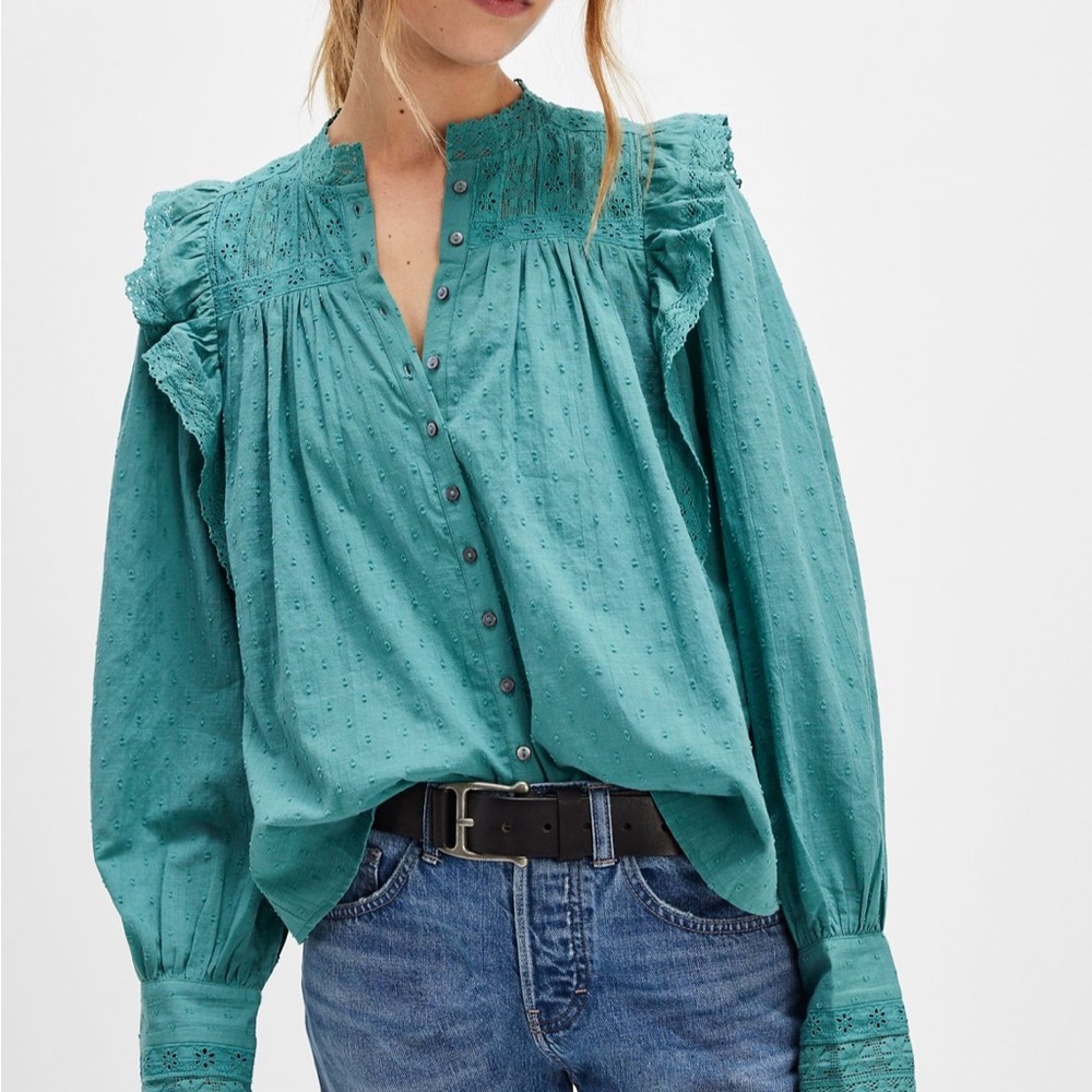 Free People Turquoise Ruffle Blouse